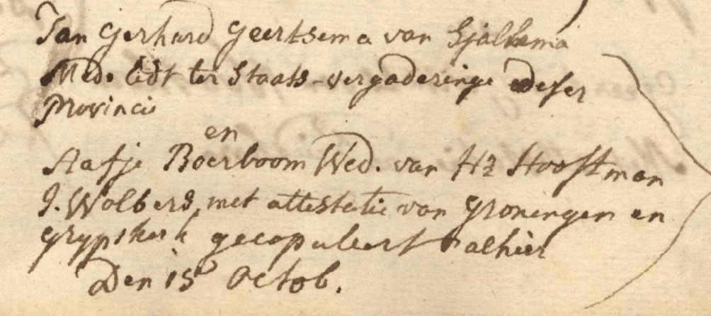 Huwelijk Jan Gerhad Geertsema van Sjallema en Aadje Boerboom weduwe Wolbers (Open Archieven)