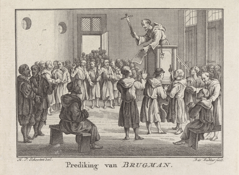 Volksprediker Johannes Brugman staat gekleed als franciscaner monnik op een kansel met crucifix in de hand. Hij bemiddelt tussen schieringers en vetkopers in Friesland (1463).