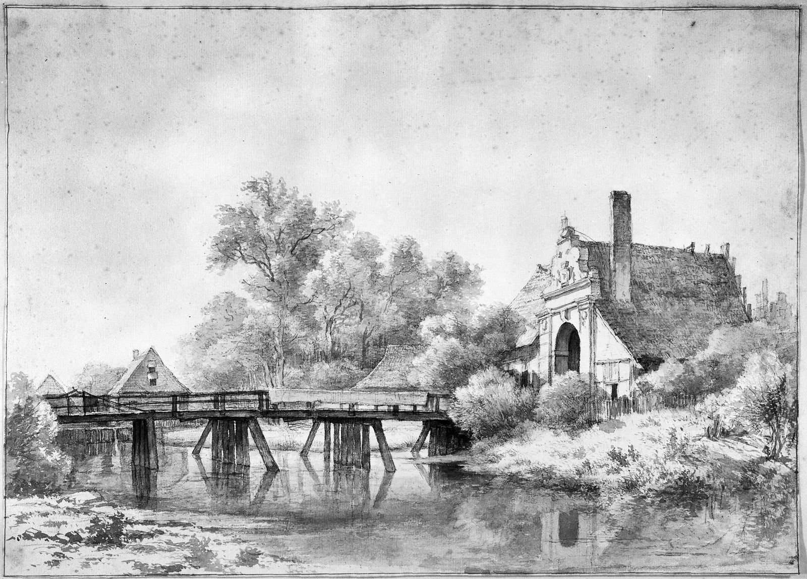 Gezicht op de Nienhauser poort te Noordhorn, mogelijk vanaf de overzijde van de waterloop de Oude Riet of Oude Rijte