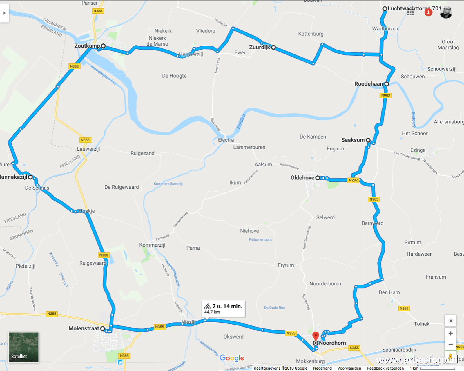 Schansenkrijg, route 2018. Kaart ©Google Maps