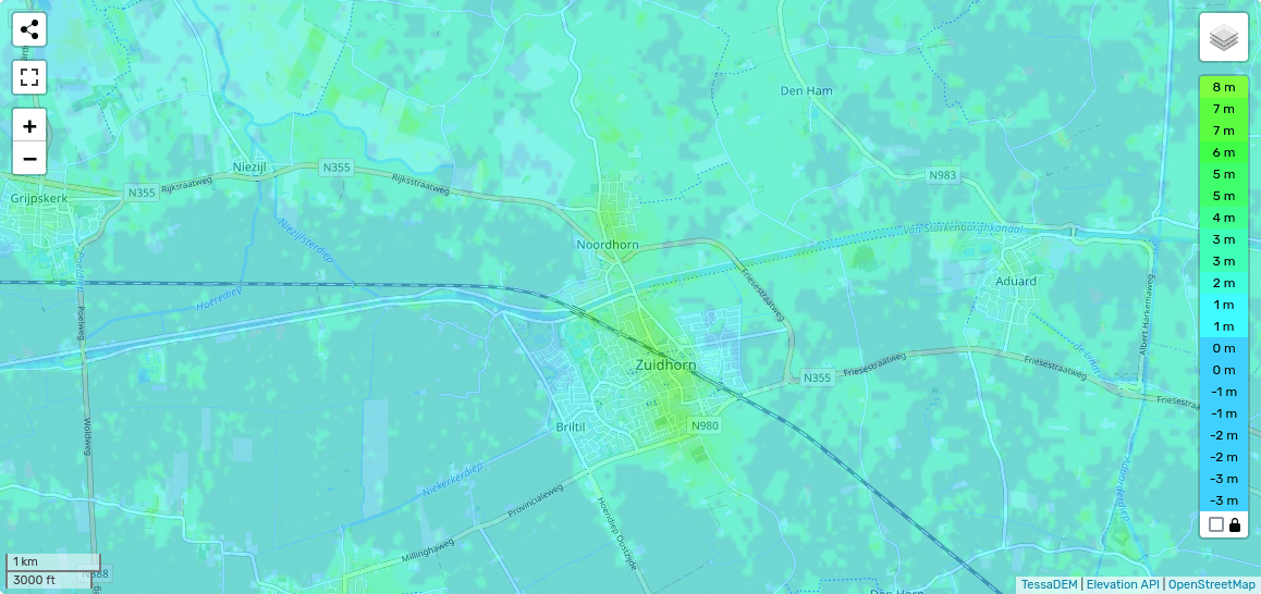 Topografische kaart Zuidhorn hoogte reliëf