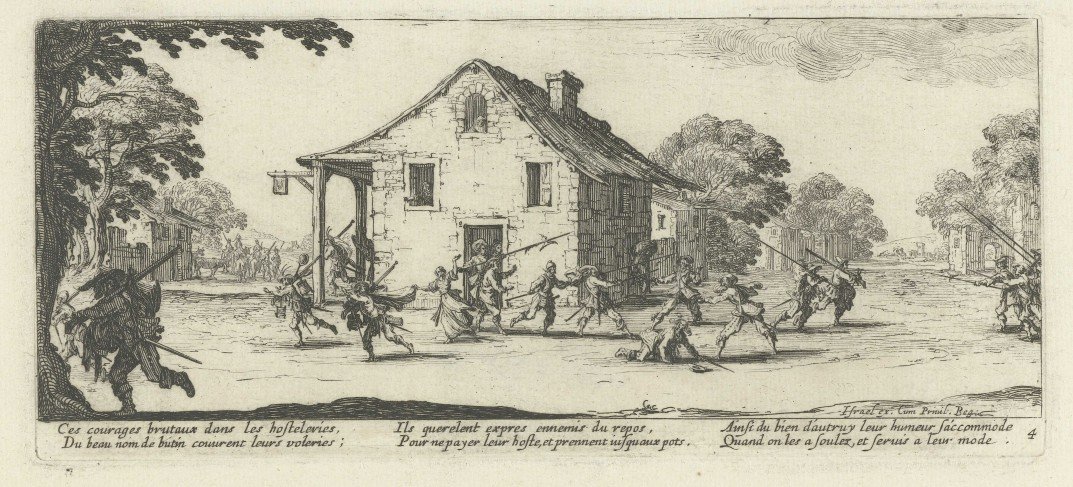 Soldaten plunderen een herberg. (Bron: Jacques Callot, 1633, Rijksmuseum)